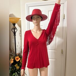 Idyllwind by Miranda Lambert v-neck top with fringe on back and sleeves, Size L.